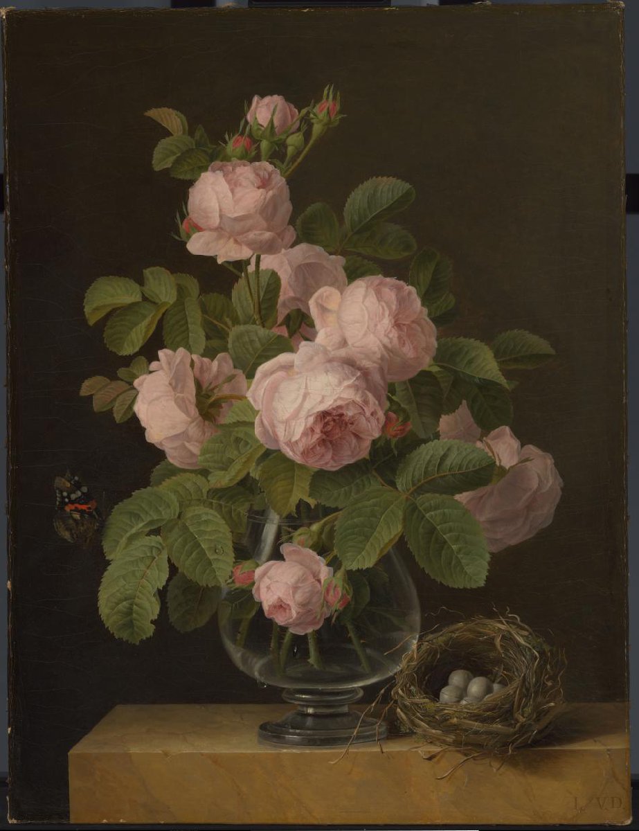 Stilleven met rozen en een vogelnestje