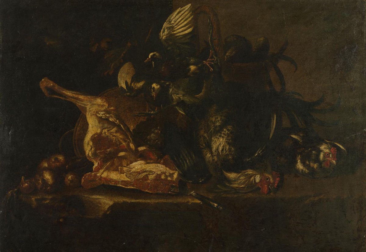 Still life with meat and dead birds