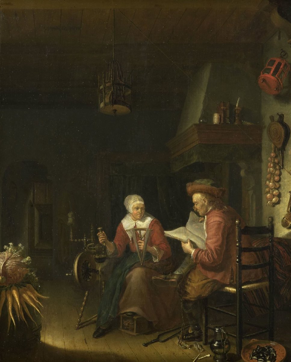 Interior with a man reading and a woman spinning yarn