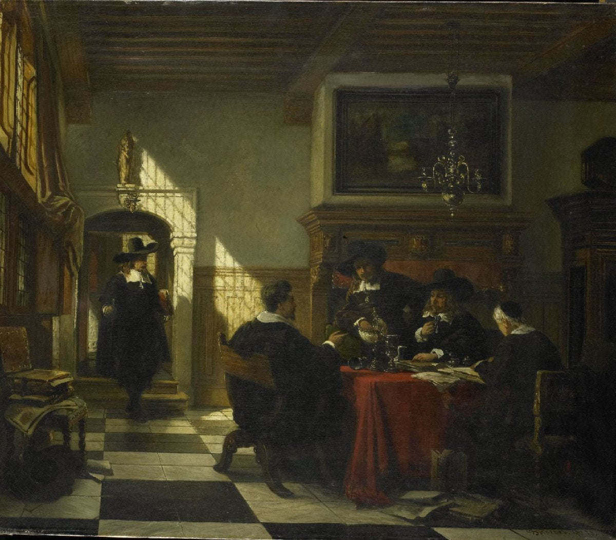 Gezelschap in 17e-eeuwse dracht bij een tafel waarop een Nautilusbeker
