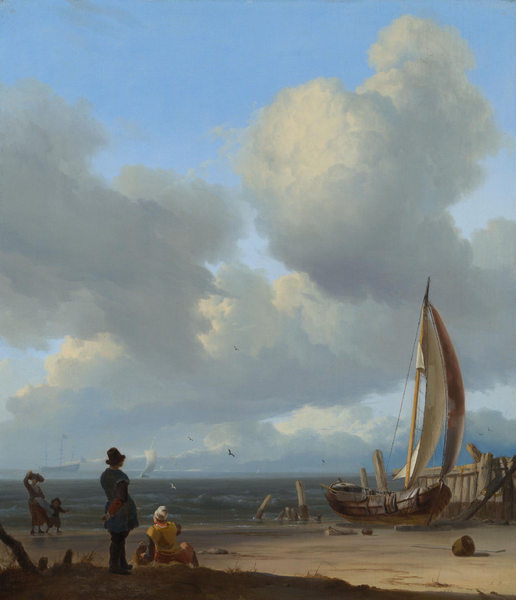 Zeegezicht met figuren bij een schip op de kust