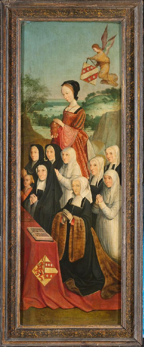 Memorial Panel with Nine Female Portraits, probably Kathrijn Willemsdr van der Graft and Family, with Saint Mary Magdalene and the Van Soutelande Family and Van der Graft-Van Soutelande Crests, inner right wing of an altarpiece