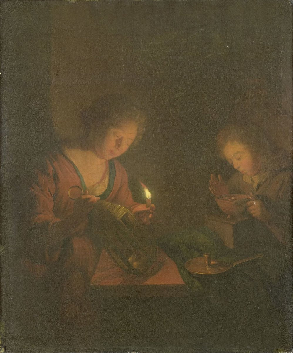 Fire and Light (A Girl Places a Candle in a Lantern and a Boy Blows on the Coals in a Chafing-Dish)
