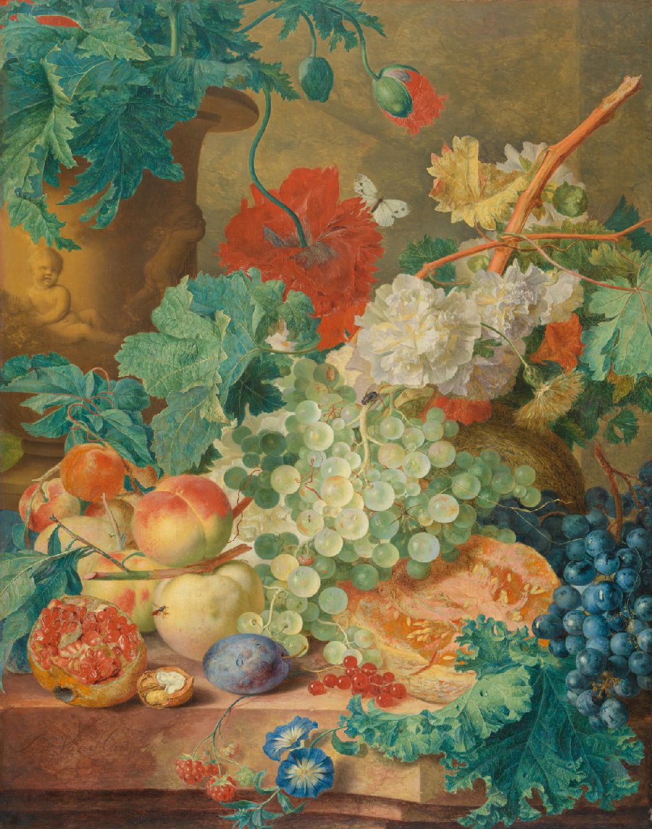 Stilleven met bloemen en vruchten
