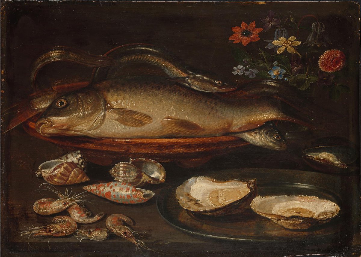 Stilleven met vissen, zeevruchten en bloemen