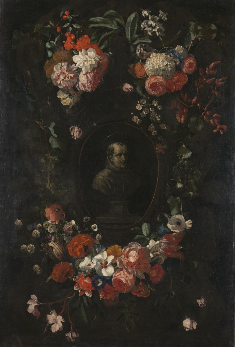 Feigned Sculpted Bust of the Blessed Hieronymus Werdanus Set in a Feigned Stone Cartouche, Decorated with a Swag and Two Bunches of Flowers