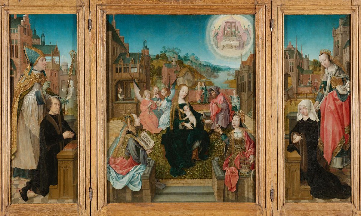 Triptych with Virgin and Child with Saints (center), male Donor with Saint Martin (left, inner wing), female Donor with Saint Cunera (right, inner wing), and the Annunciation (outer wings)