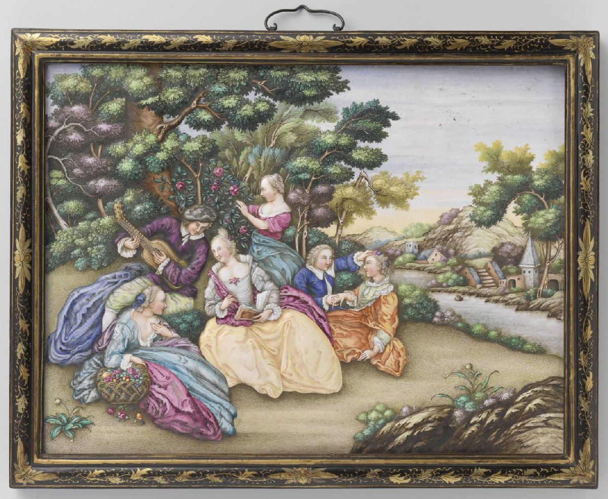 Twee plaques met Europese gezelschappen