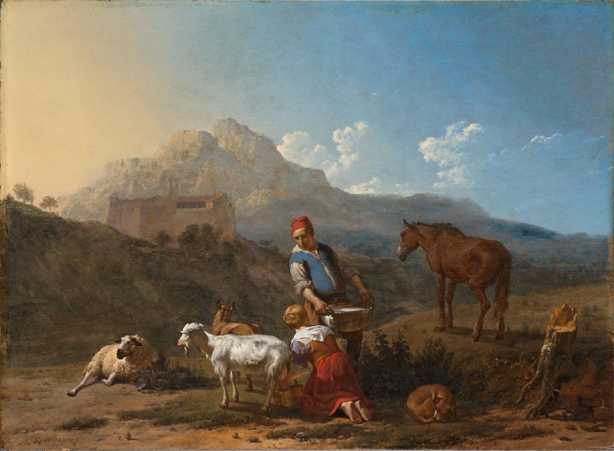 Italiaans landschap met geitenmelkster