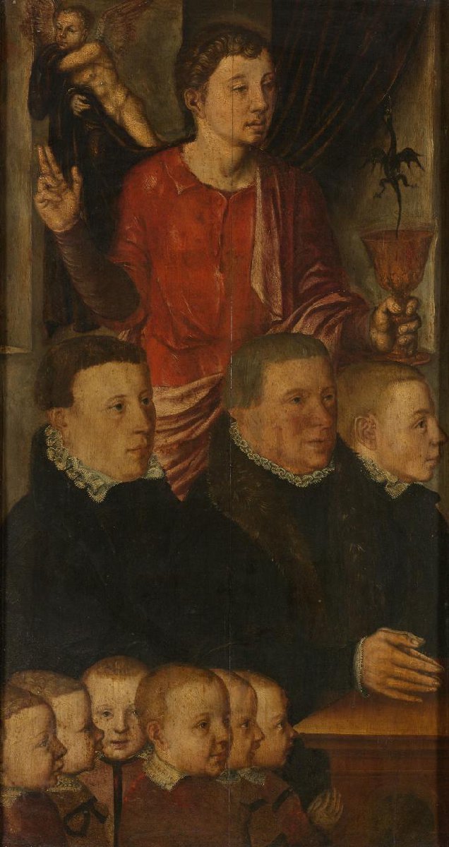 Left wing of a Memorial Triptych, formerly called the Gertz Memorial Triptych, with nine male Donor Portraits with Saint John the Evangelist (inner), and Saint Peter (outer)