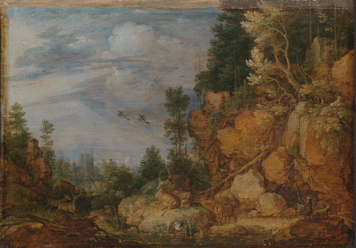 Rocky Landscape with Deer and Goats