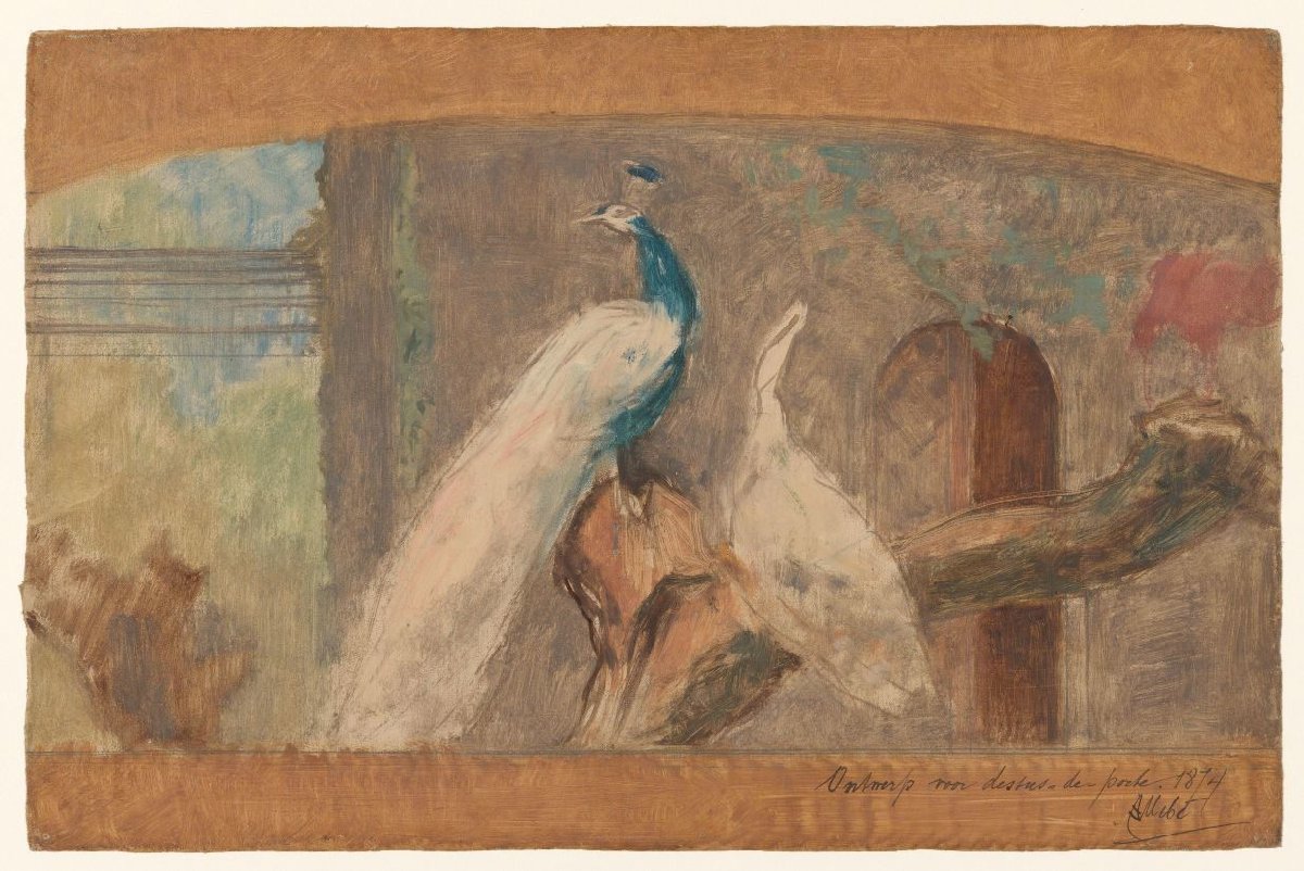 Ontwerp voor een dessus-de-porte: tak met pauw en andere vogels