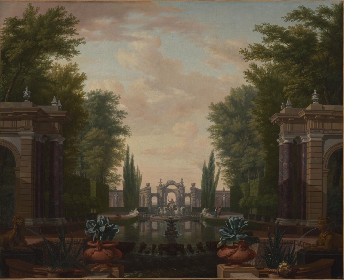 Water Terrace with Statues and Fountains in a Park